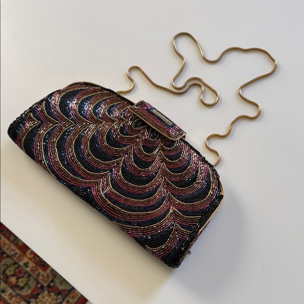 Vintage 80s Multicolor Beaded Clutch with Gold Chain - Picture 2 of 5
